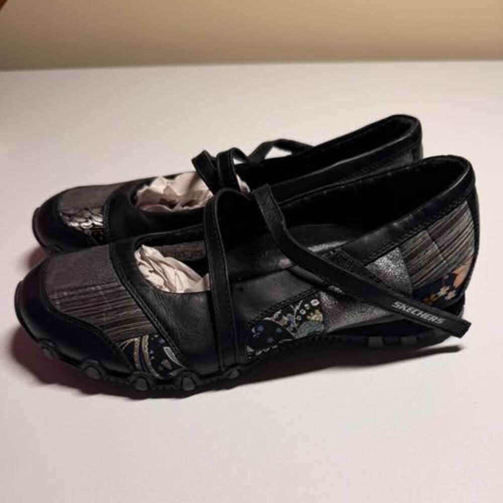 Skechers Bikers Vintage Black Patchwork Floral Mary Jane Flats - Size 6.5